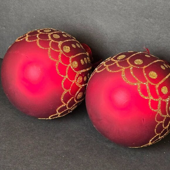 Frontgate Red Glass Christmas Ornaments Set 2 Gold Glitter Dot Stripe Design 4" - Picture 6 of 8